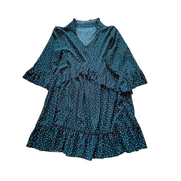 Retro Dress XL Polkadot Teal Blue White Ruffle Shift Mid Length - Picture 1 of 8